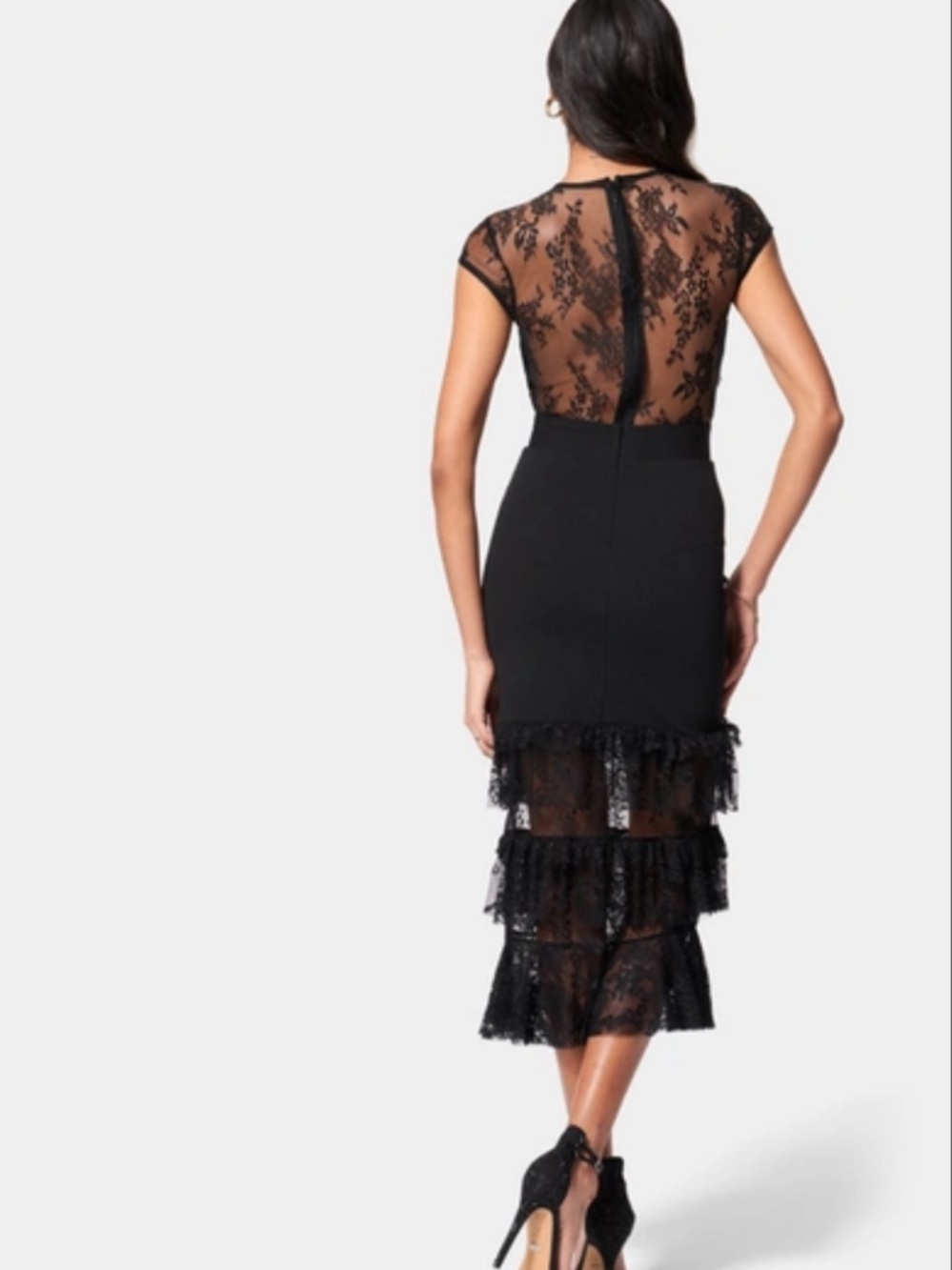 bebe Black Lace Tiered Midi Dress - Picture 4 of 6